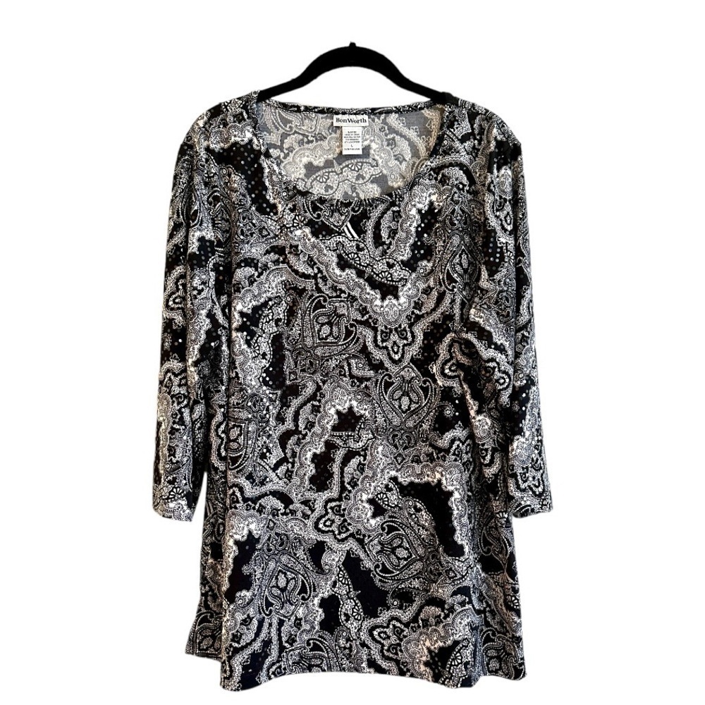BONWORTH, BLACK & WHITE, PAISLEY PRINT TUNIC WITH LIGHT CATCHING SEQUINS. SIZE L